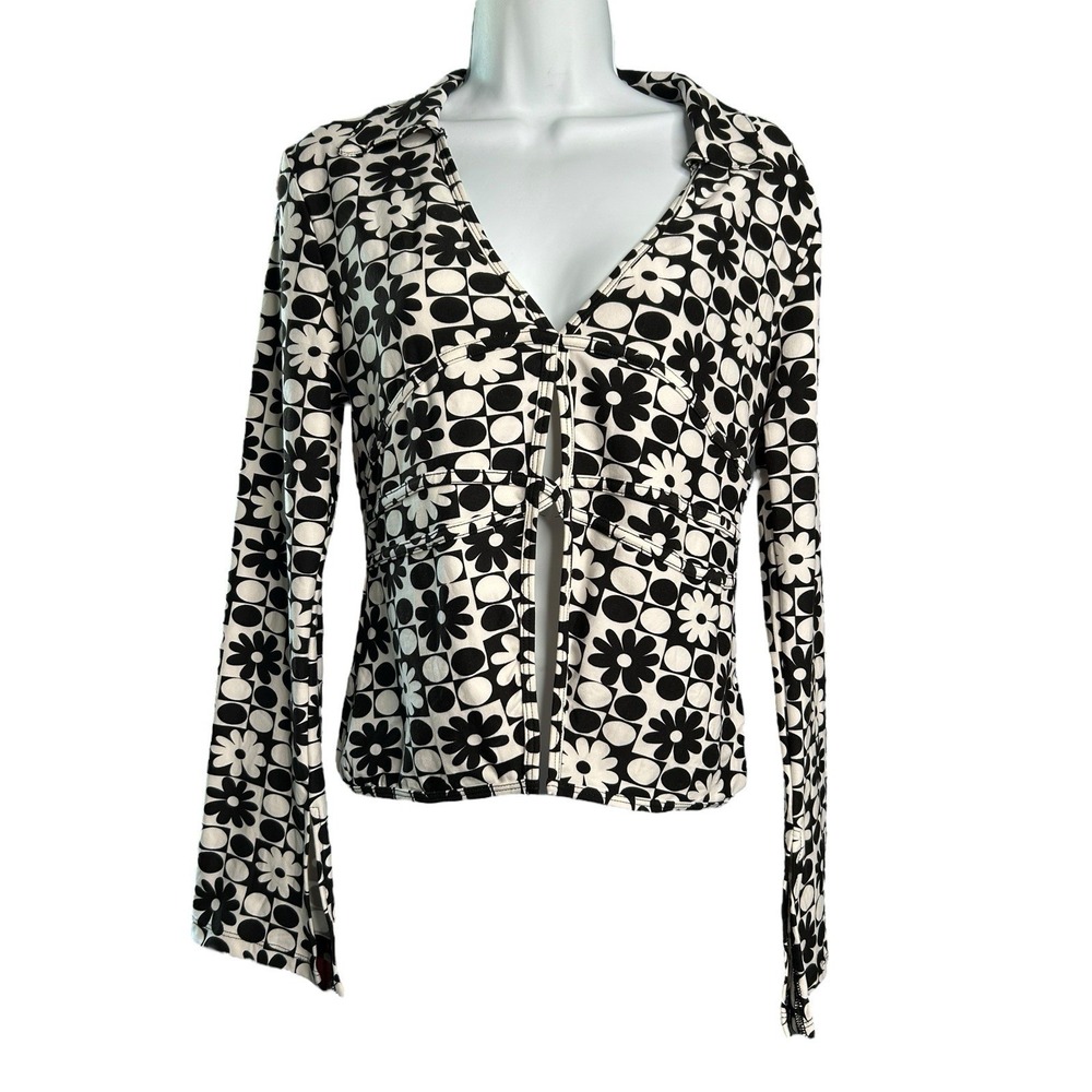 Feathers Floral L\S Boho Top Women's Size Large Black And White Split Sleeves